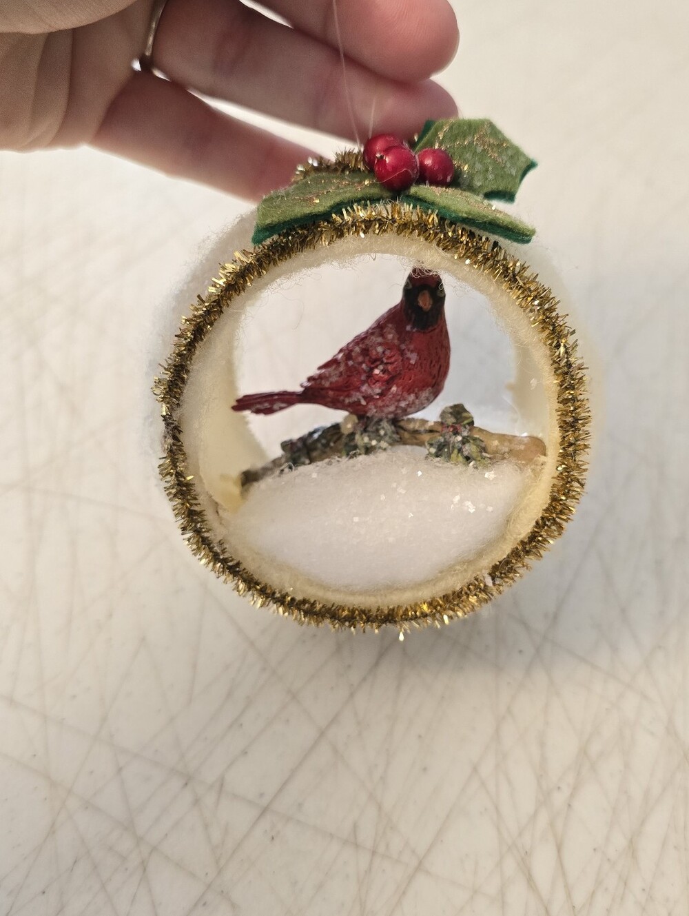 Vintage Diorama Cardinal Ornament Handmade Snow Glitter Soft Outside 4" Tall